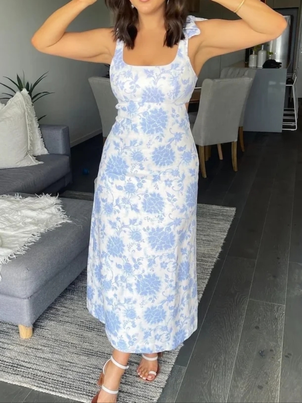 Floral Postcard Tie-Shoulder Midi Dress in Light Blue and Cream